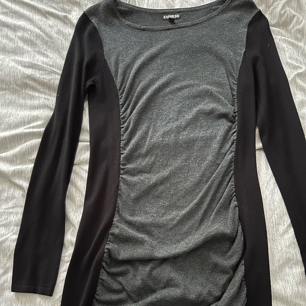 Black/gray long sleeved ruched sweater dress from Express
